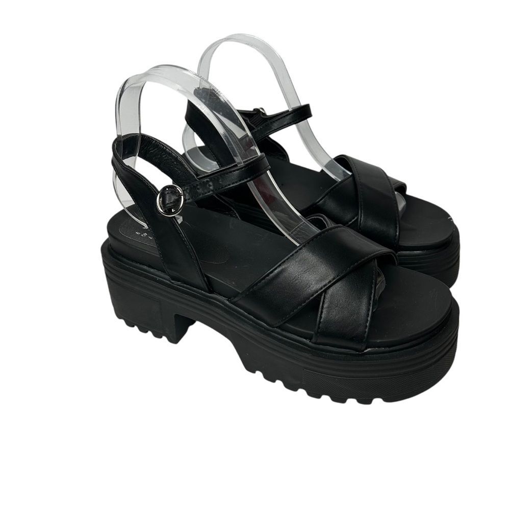 New Faux Leather Chunky Black Platform Sandals 9 Ankle crossover Strap